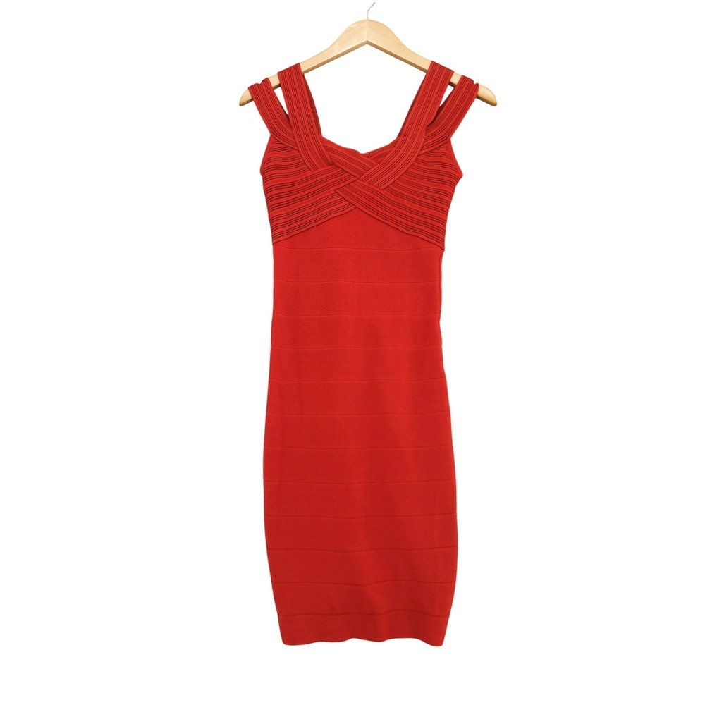 bebe Bandage Dress Womens M Red Black Striped Strappy Bodycon Cocktail
